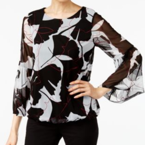 Alfani Black & Ivory Floral Print Bell Sleeve Top